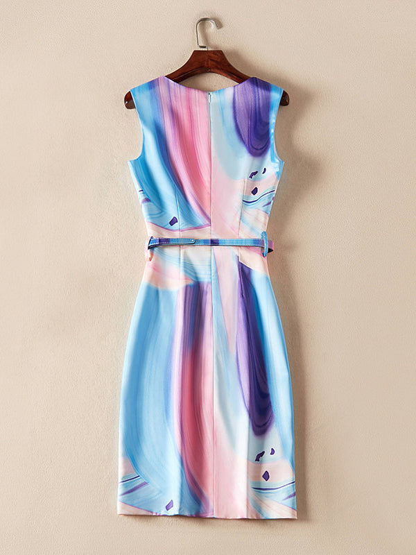 Loose Sleeveless Tie Dye Belted Dress