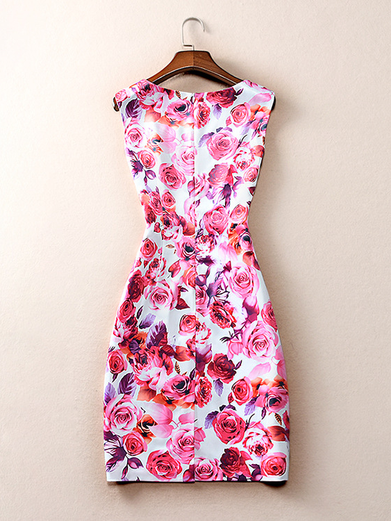 Boutique Rose Print Round Neck Sleeveless Dress