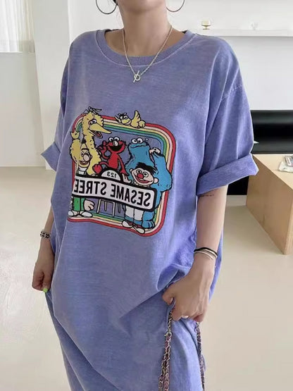 Cartoon Print Korean Style Lazy Style Loose Age-Reducing Short Sleeve Long Dress