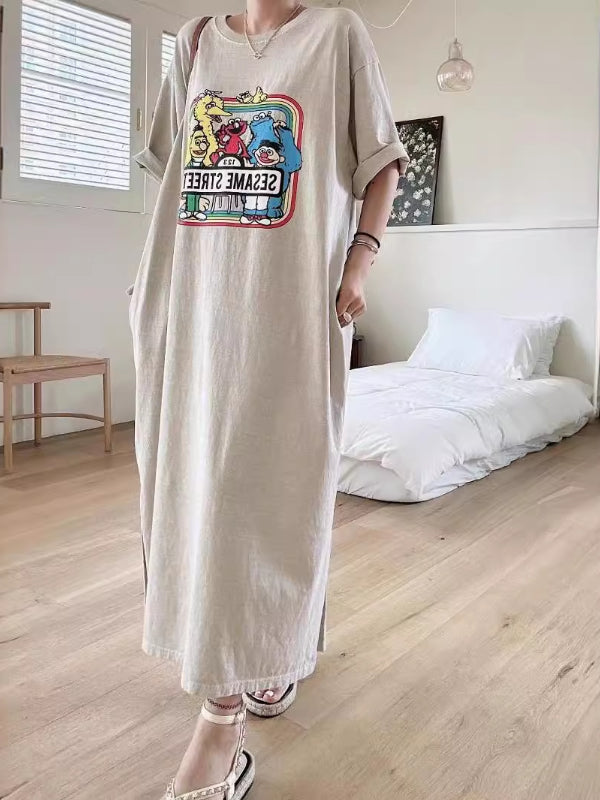 Cartoon Print Korean Style Lazy Style Loose Age-Reducing Short Sleeve Long Dress