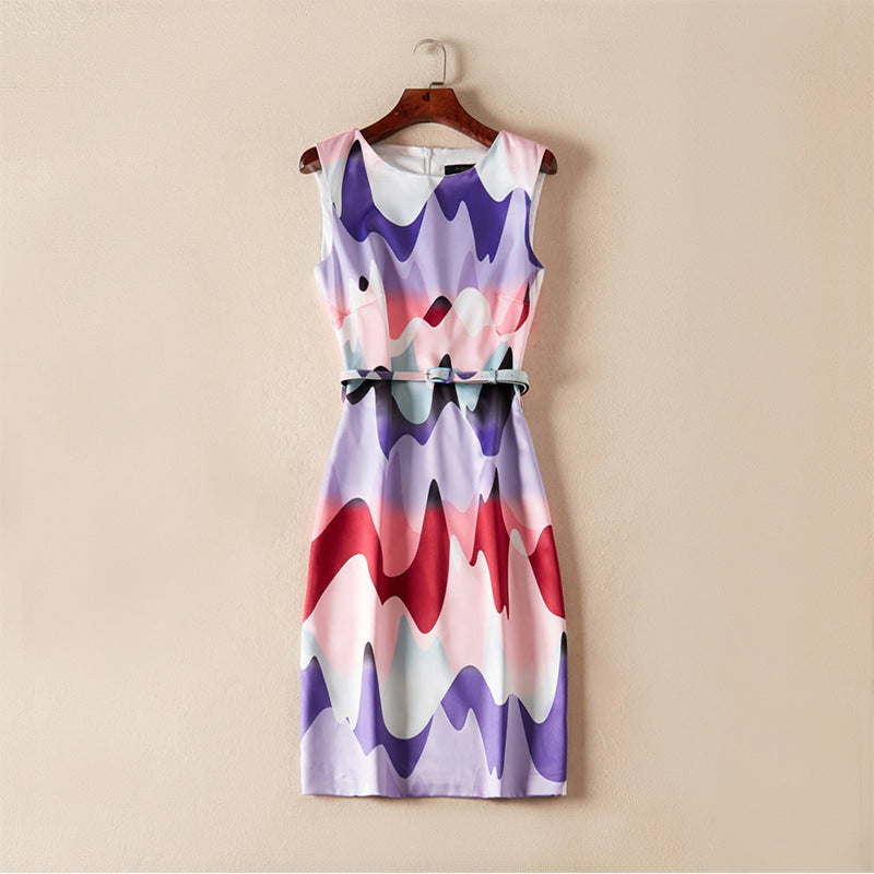 Fashion Round Neck Sleeveless Printed Belt Dress