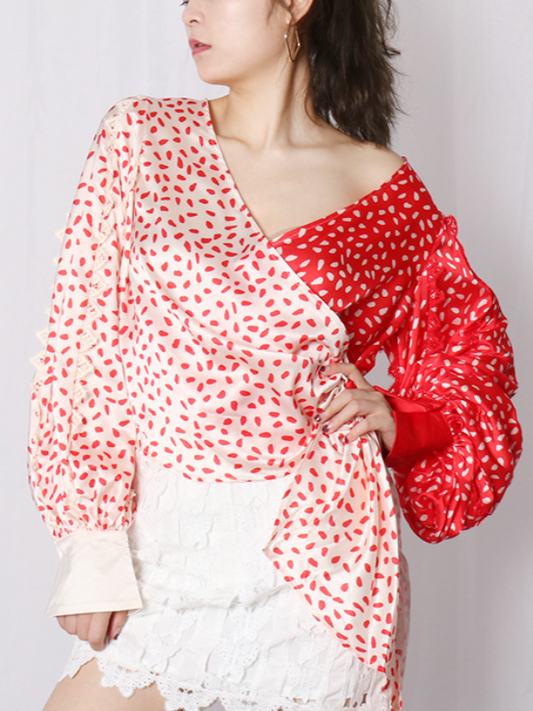 Irregular Balloon Sleeve Tie Shirt Top