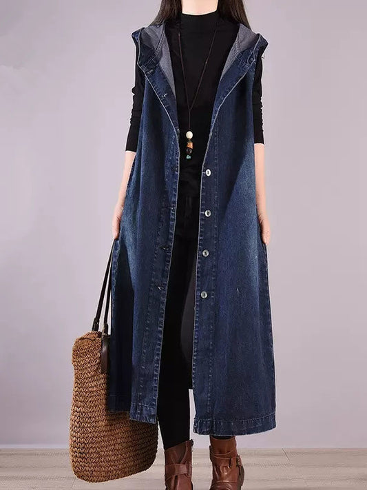 Long Oversized Loose Denim Sleeveless Hooded Vest