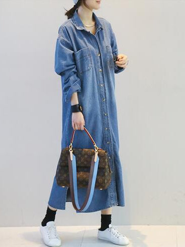 Long Slit Oversized Denim Shirt Dress