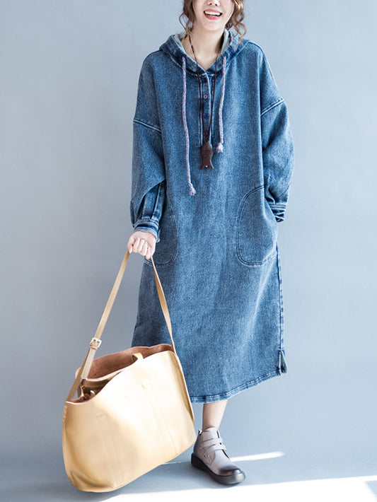 Fashionable Slit hooded long sleeve denim dress