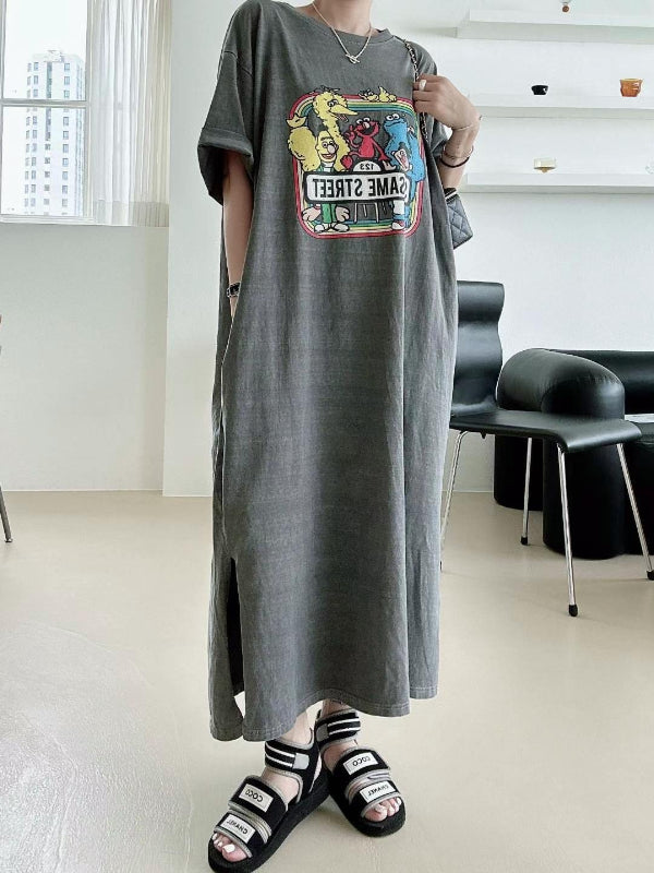 Cartoon Print Korean Style Lazy Style Loose Age-Reducing Short Sleeve Long Dress