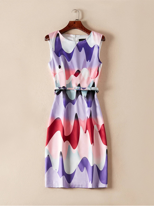 Fashion Round Neck Sleeveless Printed Belt Dress