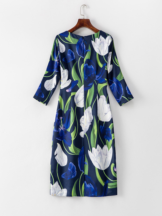 3/4 Sleeve Printed Round Neck Dress