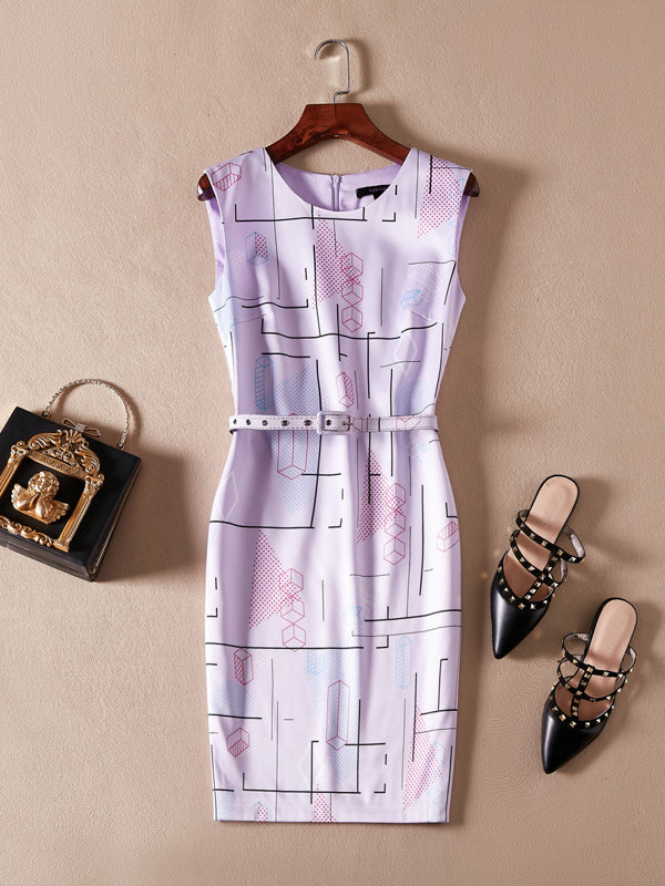 Loose Purple Sleeveless Belted Dress