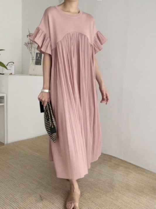 Patchwork pleated flying sleeves long dress