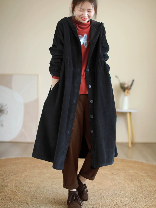 Retro Thickened Corduroy Long Hooded Coat