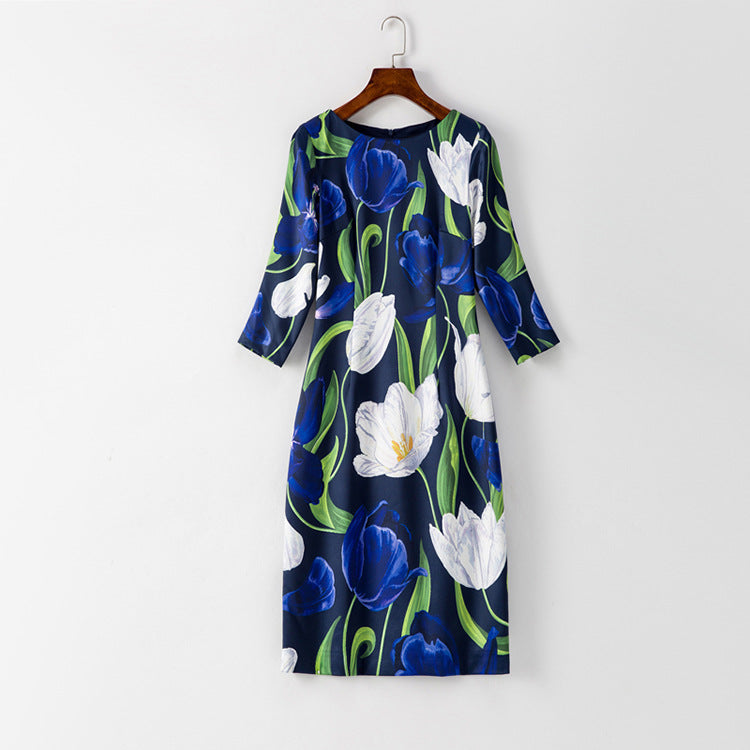 3/4 Sleeve Printed Round Neck Dress