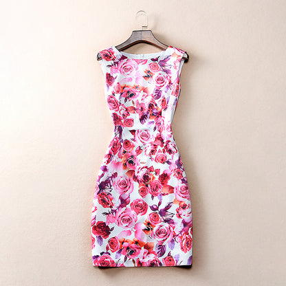 Boutique Rose Print Round Neck Sleeveless Dress