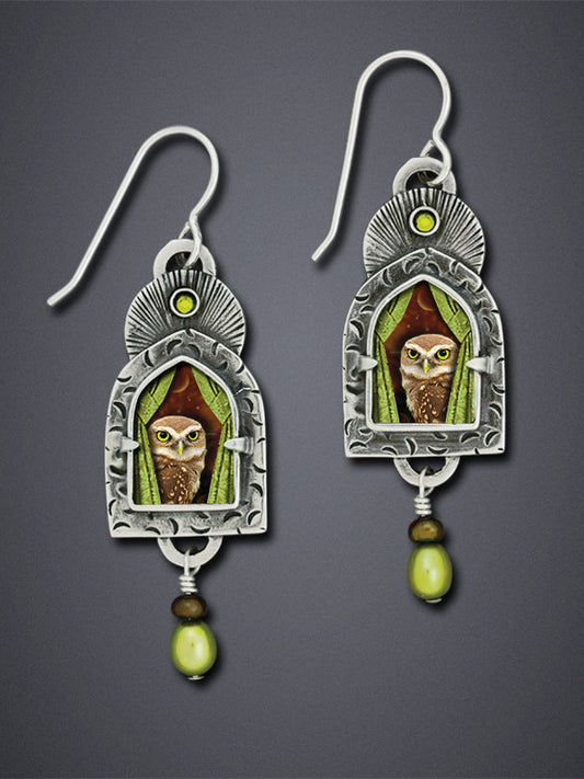 Vintage Owl Olive Green Diamond Pearl Earrings