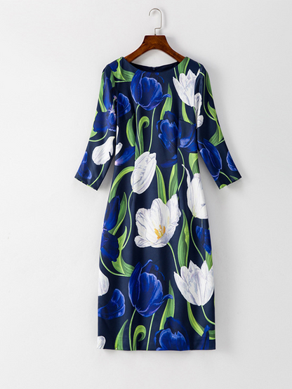 3/4 Sleeve Printed Round Neck Dress