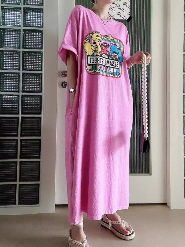 Cartoon Print Korean Style Lazy Style Loose Age-Reducing Short Sleeve Long Dress