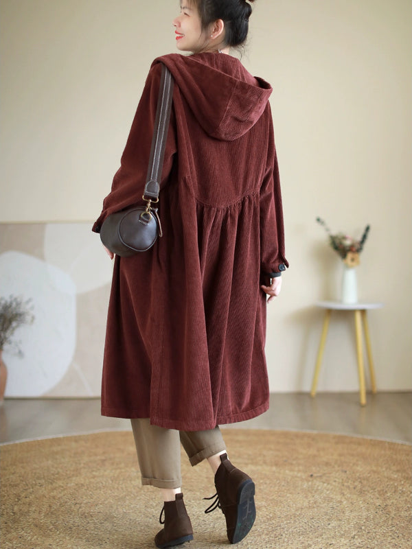 Retro Thickened Corduroy Long Hooded Coat