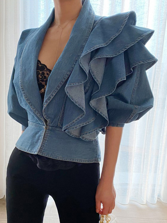 Ruffled Deep V-neck Denim Shirt Top