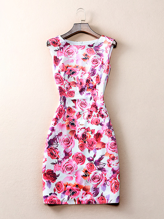 Boutique Rose Print Round Neck Sleeveless Dress