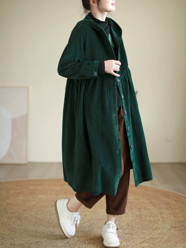 Retro Thickened Corduroy Long Hooded Coat