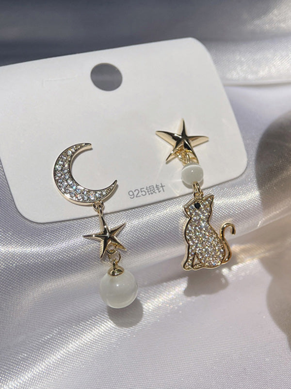 Qute Cat Asymmetric Star Moon Earrings