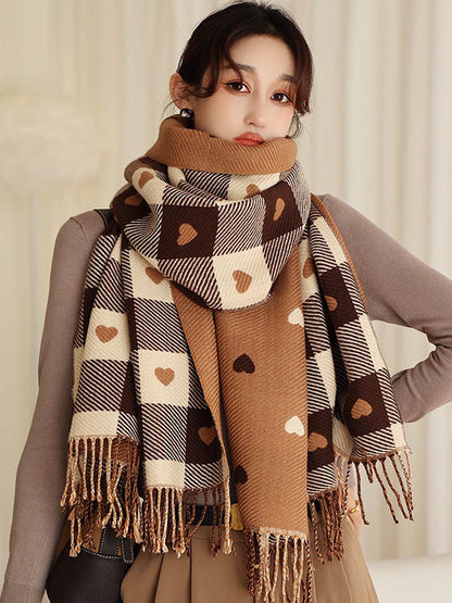 Casual Contrast Color Heart Plaid Jacquard Shawl&Scarf