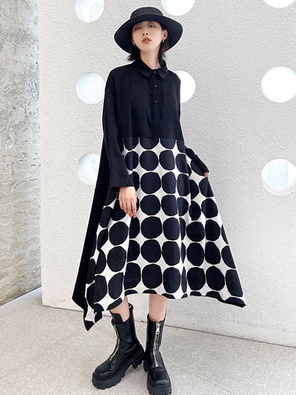 Stylish Irregular Polka-Dot Spit-Joint Buttoned Lapel Collar Long Sleeves A-Line Midi Shirt Dress