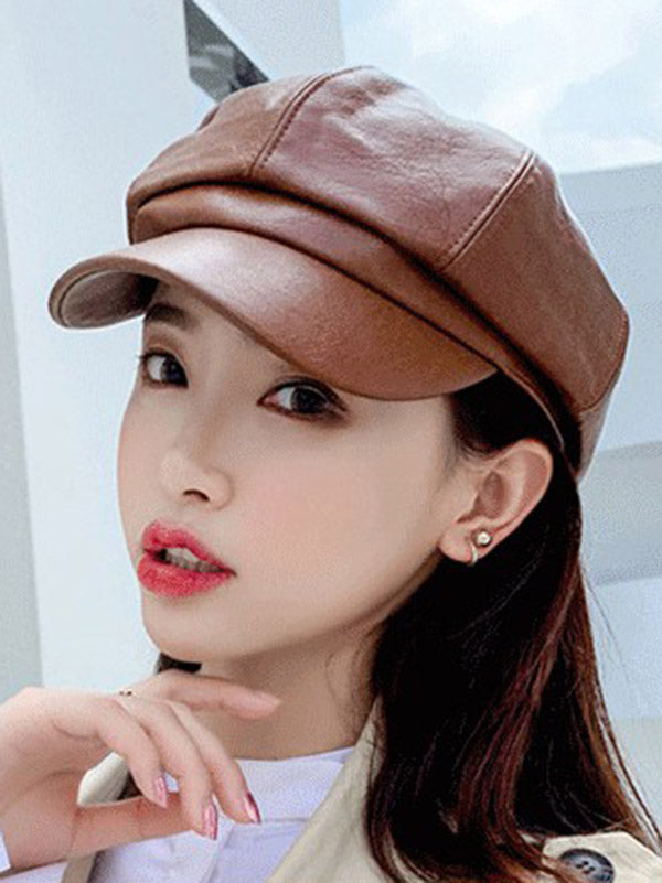 Personality Solid PU Beret Hat