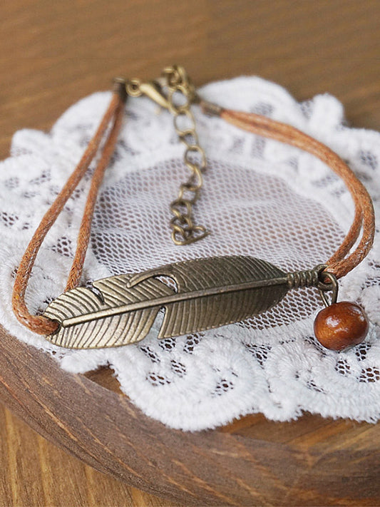 Vintage Alloy Feather Leather String Bracelet