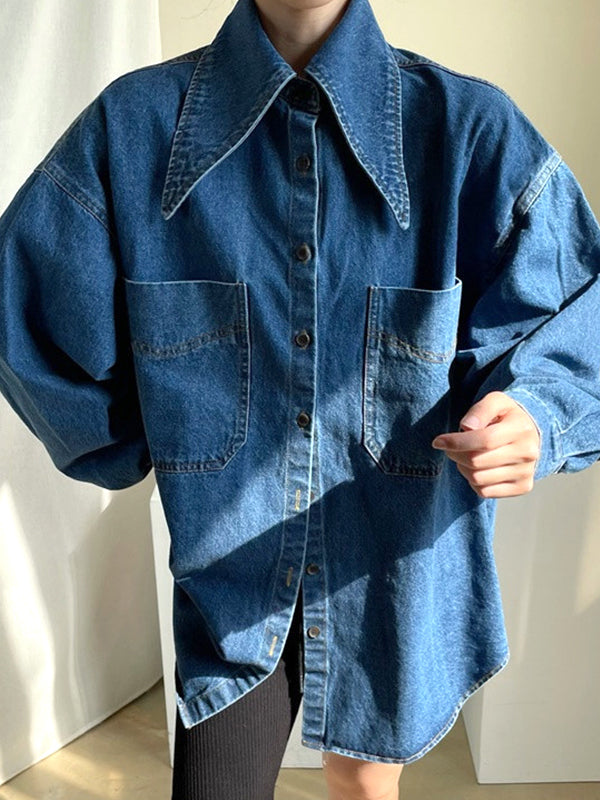 Vintage Large Collar Single Breasted Loose Denim Shirt