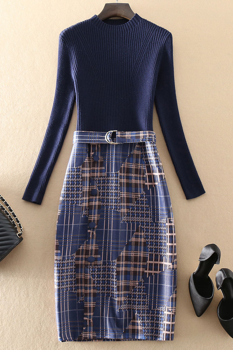 Fashion Long Sleeve Knit Panel Sweater Dress