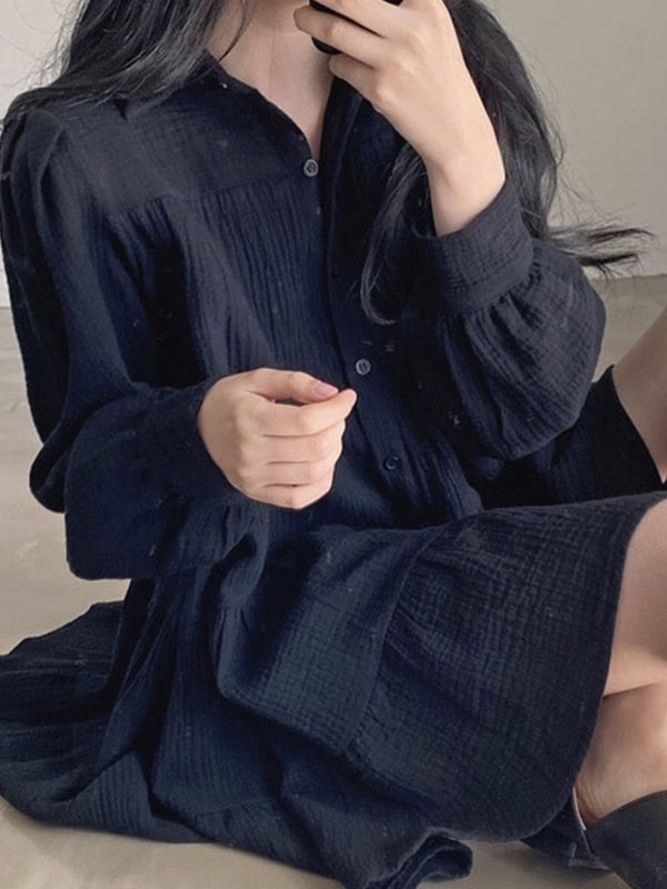 LAPEL PLEATED LOOSE PUFF SLEEVE SHORT SHIRT DRESS