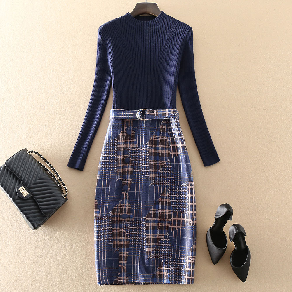 Fashion Long Sleeve Knit Panel Sweater Dress