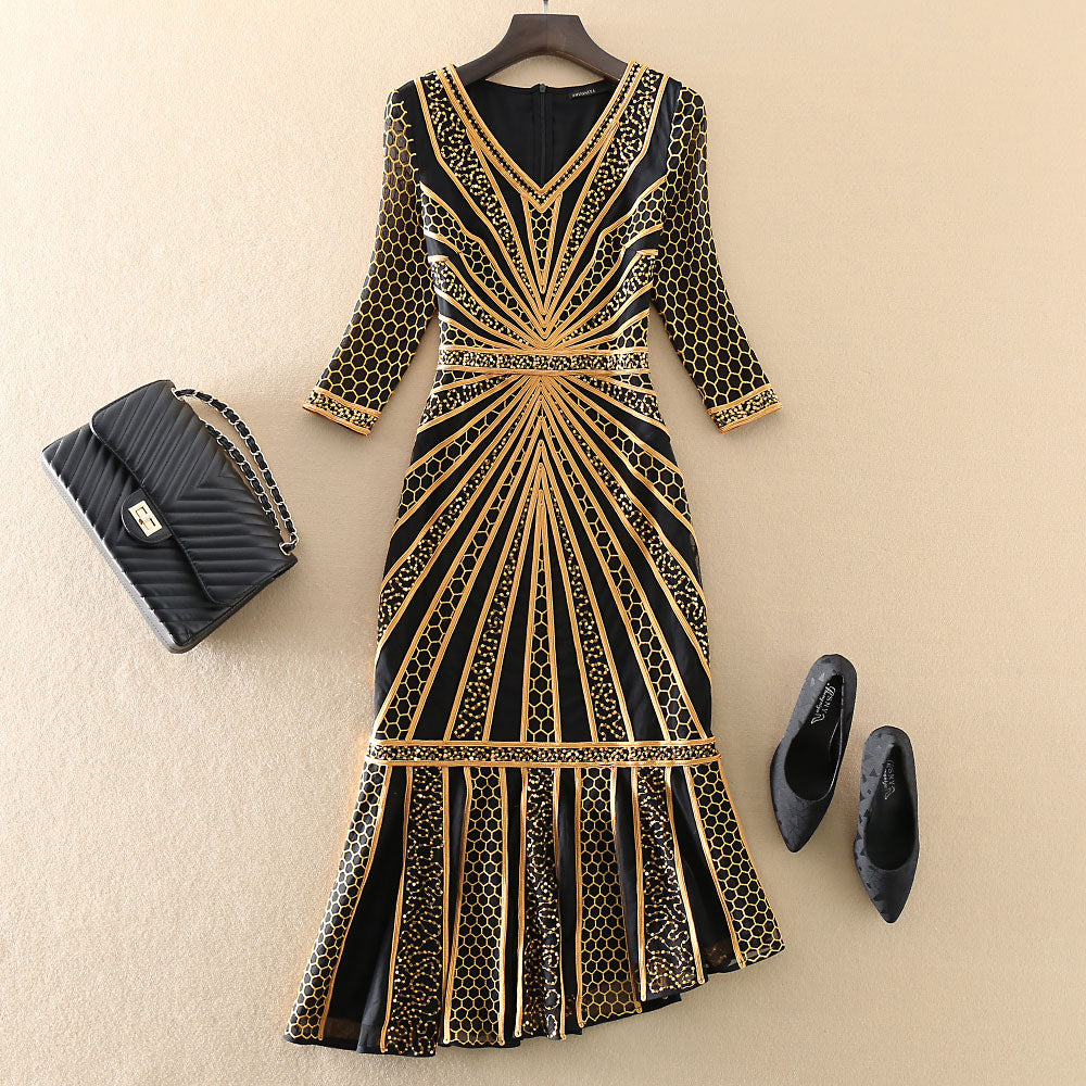 Black Plus Size High Quality Half Sleeve Mesh Embroidery Dress