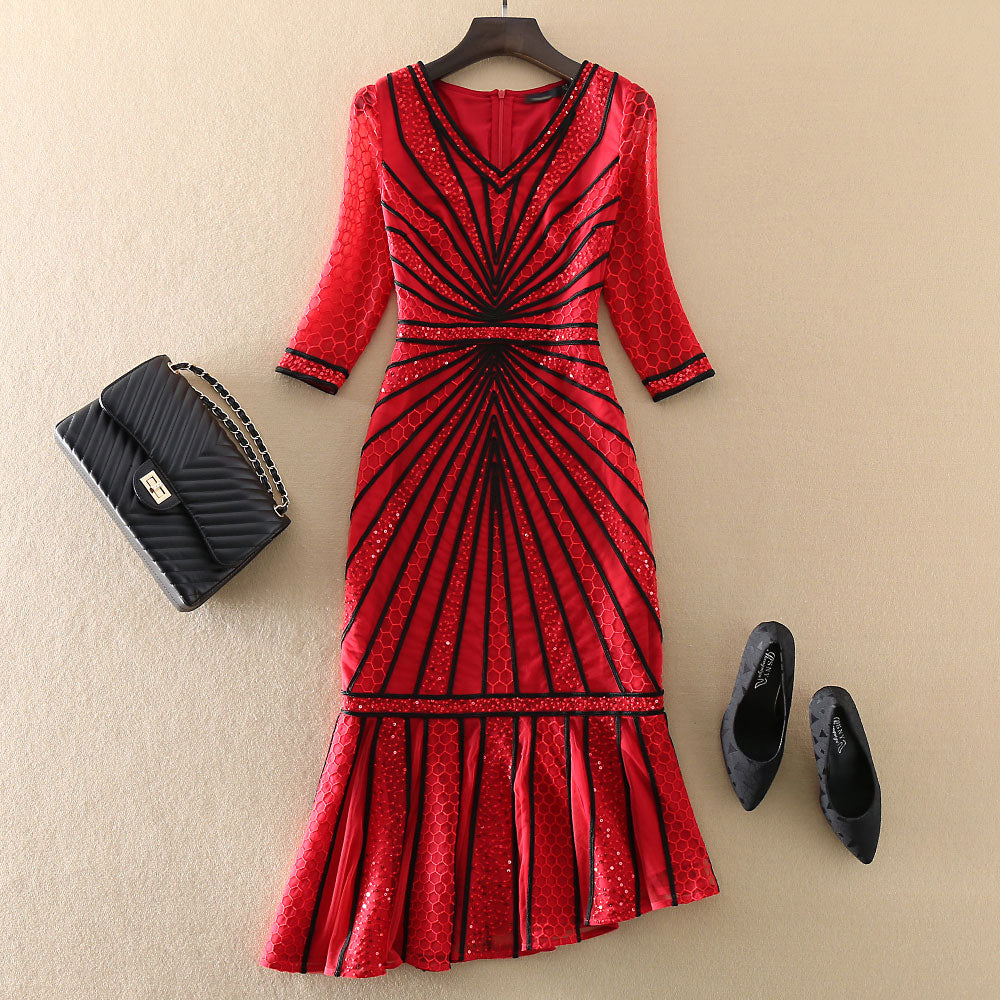 Red Plus Size High Quality Half Sleeve Mesh Embroidery Dress