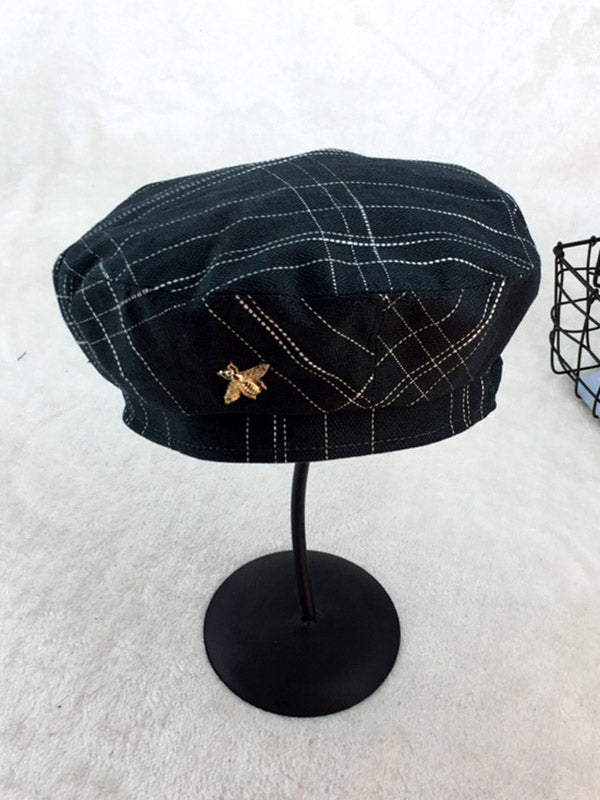 Original 3 Colors Plaid Alloy Bee Buttoned Beret Hat