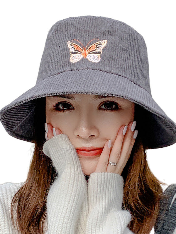 Corduroy Butterfly Embroidery Sun Protection Fisherman Hat