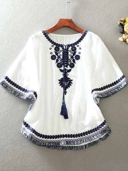 Fashion Loose Plus Size Cape Cape Embroidered Shirt Top