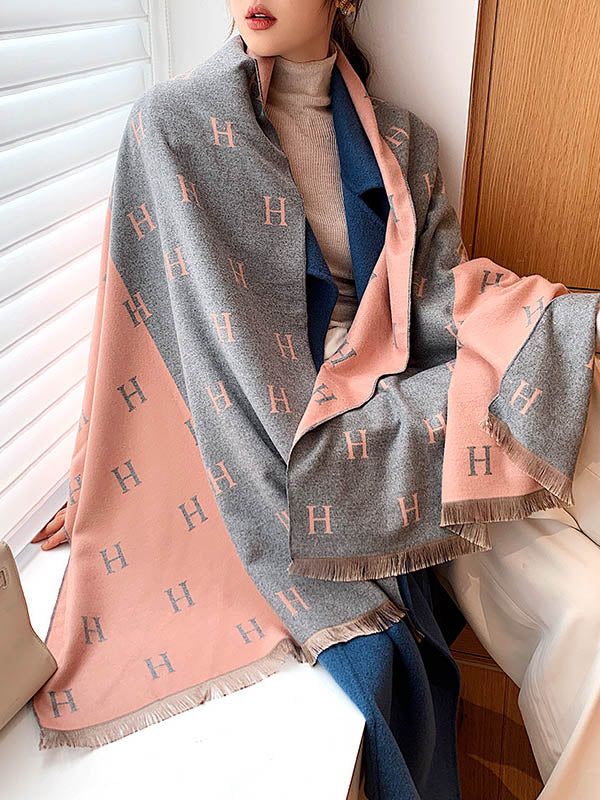 H Print Contrast Color Imitation Cashmere Shawl Scarf