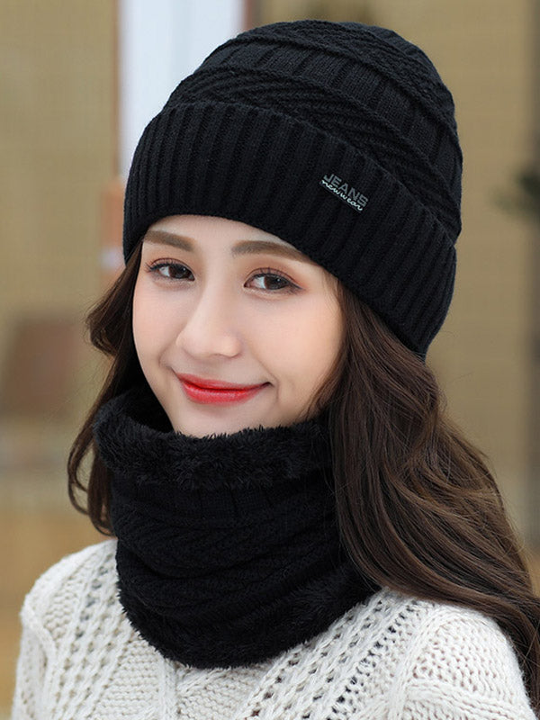 Winter Knitting Solid Color Keep Warm Scarf&Hat Two Pieces Set