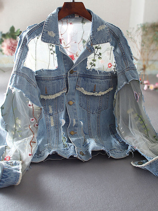 Retro Loose Hollow Hole Embroidered Denim Jacket