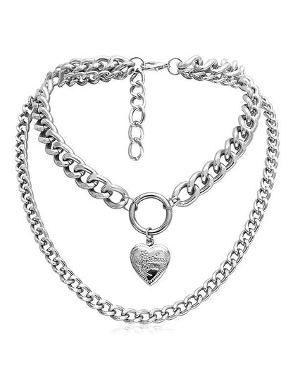 Vintage Chain Choker Layered Heart Pendant Necklaces