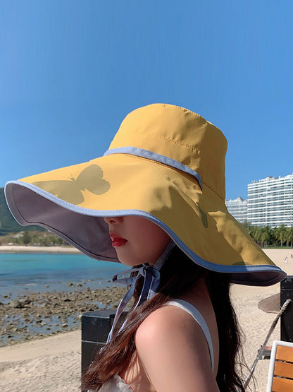 Stylish Reversible Foldable Bow-Print Sun-Protection Frenum Large Wide Brim Hat