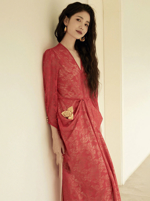 Red Traditional Hollow Long Sleeve V-Neck Dress