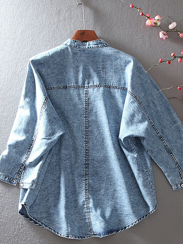 Vintage Oversized Embroidered Stand Collar 3/4 Sleeve Denim Shirt