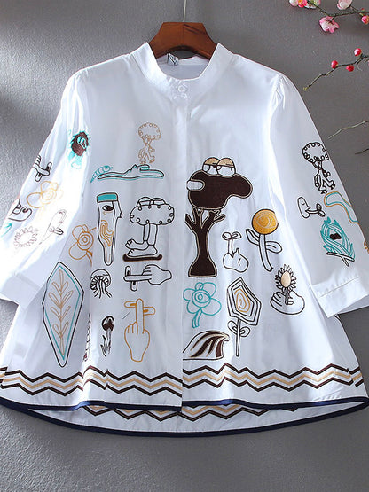 Cartoon Embroidered A-Line Shirt Top