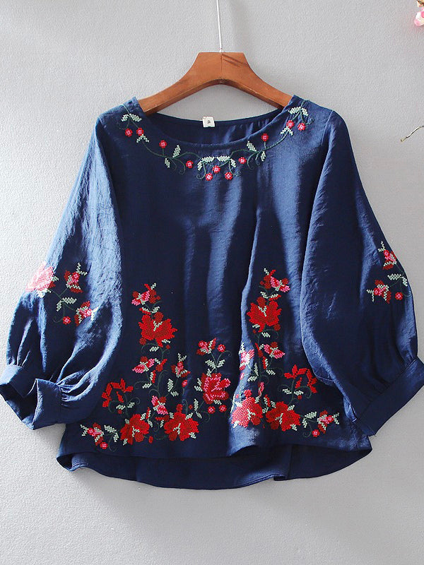 Loose Round Neck Pullover Embroidered Half Sleeve Shirt Blouse