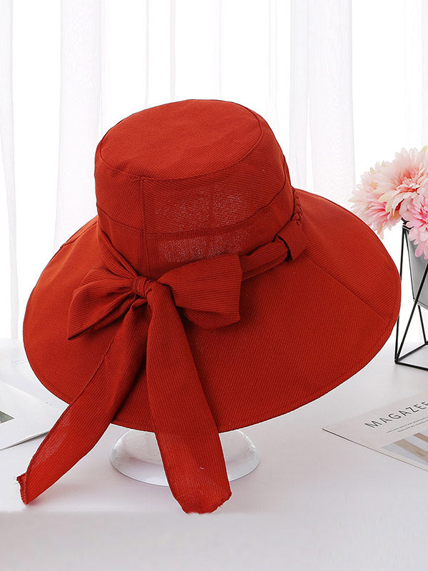 Original Bow-Embellished Sun-Protection Large Wide Brim Bucket Hat