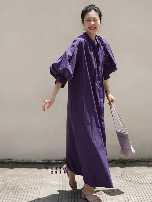 Vintage Purple Puff Sleeve Loose Shirt Dress