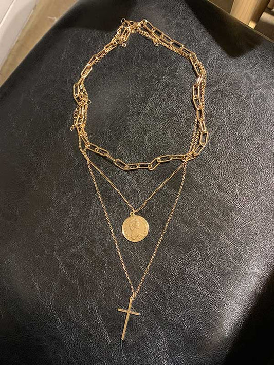 Hip-Hop Stylish Round&Cross Multi-Layer Chain Necklace